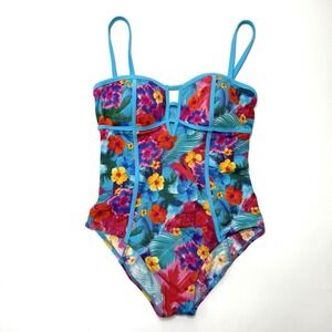 Beach Betty Miracle Brands One Piece Swimsuit M Floral‎ Multicolor Keyhole Blue